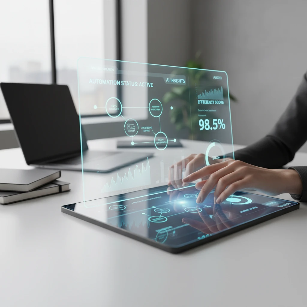 Professional hands operating AI automation dashboard on touchscreen displaying workflow analytics and process metrics Professional hands operating AI automation dashboard on touchscreen displaying workflow analytics and process metrics